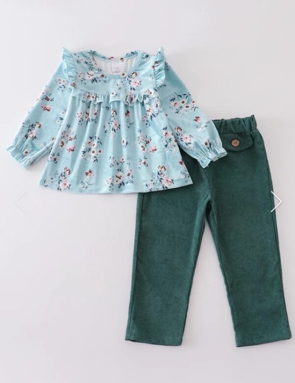 Girl's "Velvet Floral Ruffle Pants Set"